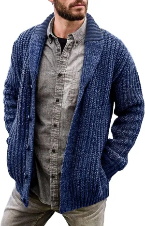 Mens Shawl Collar Cardigan Sweater Cable Knitted Button Down Sweaters Chunky Fall Winter Ribbed Knit Outwear