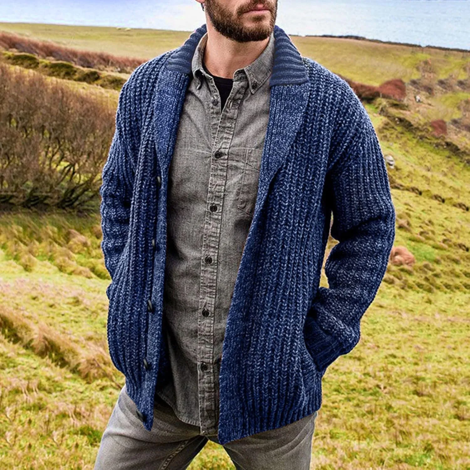 Mens Shawl Collar Cardigan Sweater Cable Knitted Button Down Sweaters Chunky Fall Winter Ribbed Knit Outwear