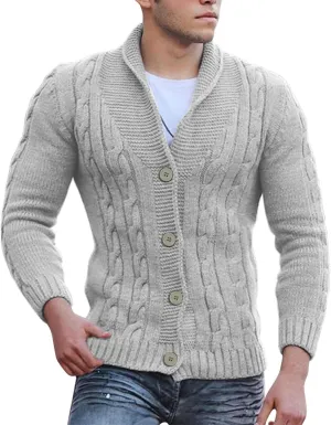 Mens Shawl Collar Cardigan Sweater Cable Knitted Button Down Sweaters Fall Winter Cable Knitted Outwear