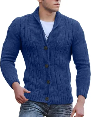 Mens Shawl Collar Cardigan Sweater Cable Knitted Button Down Sweaters Fall Winter Cable Knitted Outwear