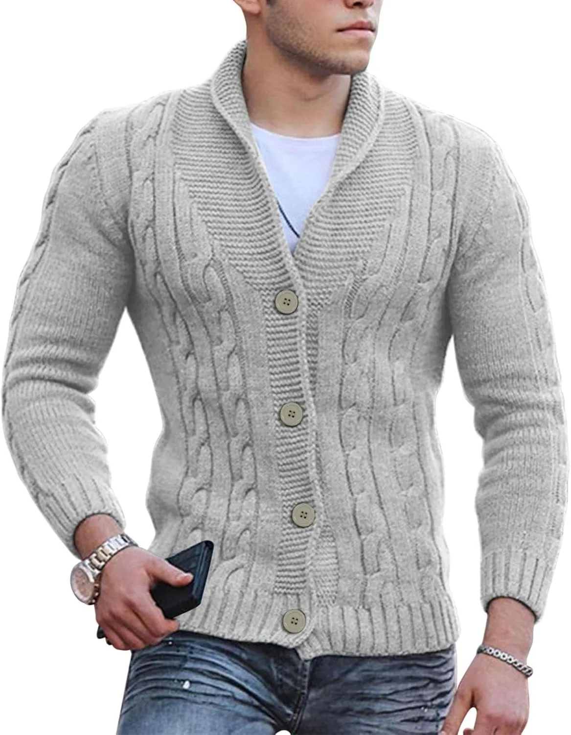 Mens Shawl Collar Cardigan Sweater Cable Knitted Button Down Sweaters Fall Winter Cable Knitted Outwear