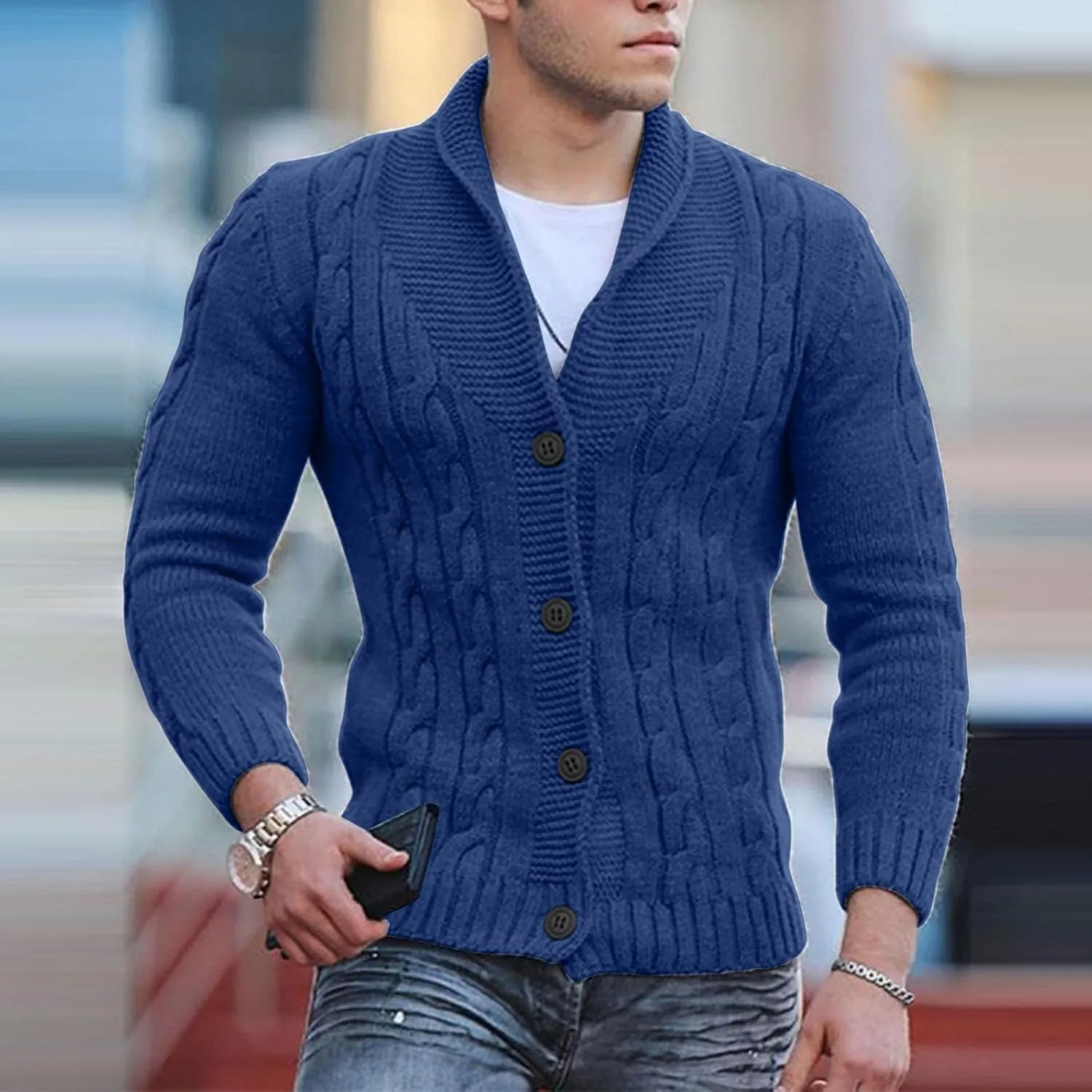 Mens Shawl Collar Cardigan Sweater Cable Knitted Button Down Sweaters Fall Winter Cable Knitted Outwear