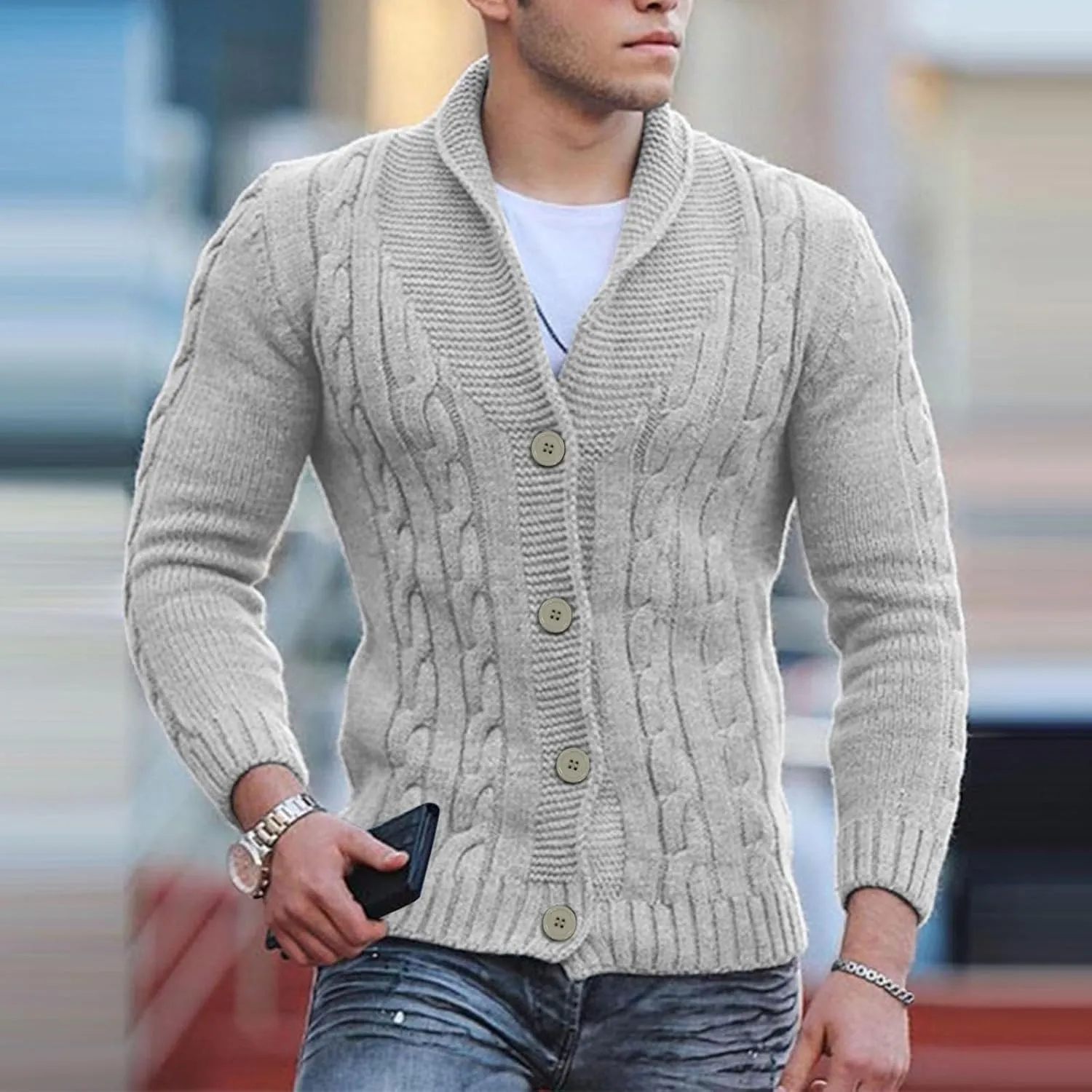Mens Shawl Collar Cardigan Sweater Cable Knitted Button Down Sweaters Fall Winter Cable Knitted Outwear