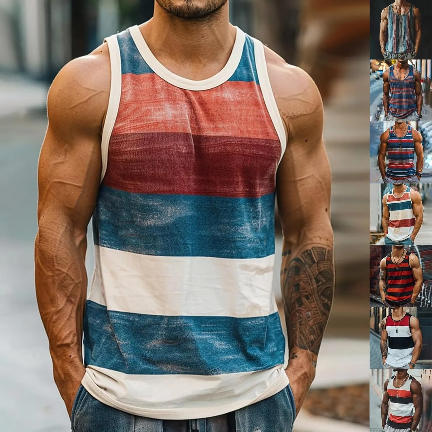 Mens Striped Tank Tops Summer Casual Sleeveless Crewneck Beach T Shirts Colorblock Gym Muscle Fit Workout Shirts
