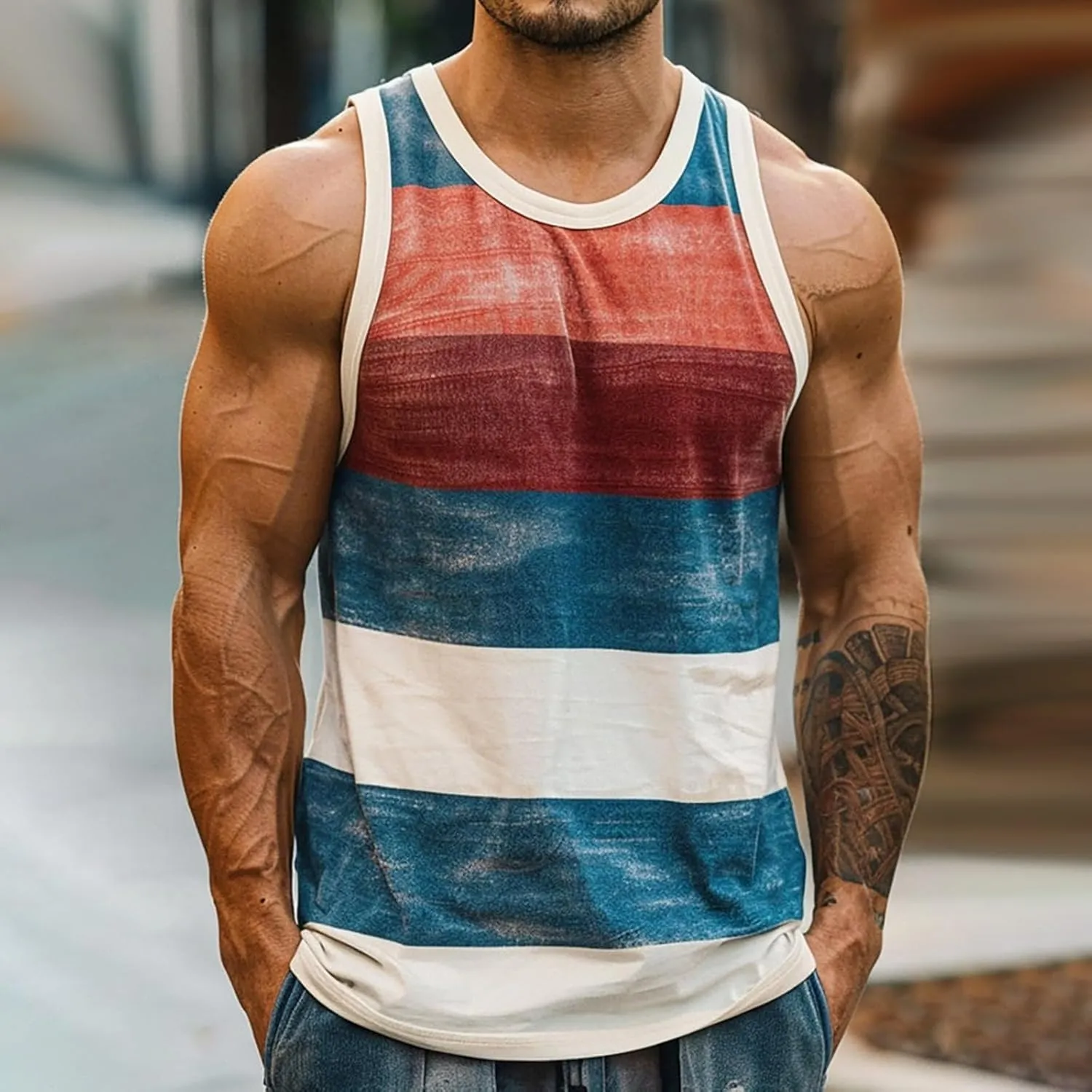 Mens Striped Tank Tops Summer Casual Sleeveless Crewneck Beach T Shirts Colorblock Gym Muscle Fit Workout Shirts