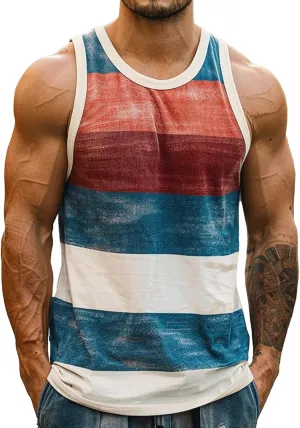 Mens Striped Tank Tops Summer Casual Sleeveless Crewneck Beach T Shirts Colorblock Gym Muscle Fit Workout Shirts