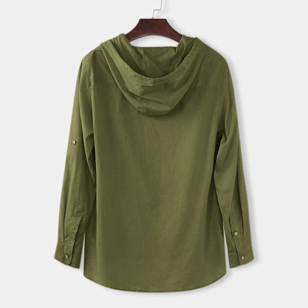 Mens Summer Baggy Cotton Linen Hooded Henley Shirts Casual Loose Beach Yoga Tops Long Sleeve M-3XL