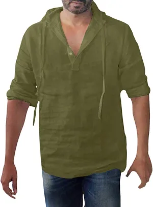 Mens Summer Baggy Cotton Linen Hooded Henley Shirts Casual Loose Beach Yoga Tops Long Sleeve M-3XL