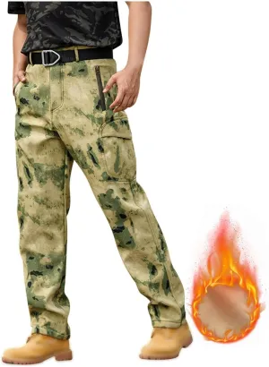 Men's Tactical Pants Softshell Fleece Lined Cargo Pant Warm Water Resistant Ripstop Cargo Pants Camo Hiking Pants