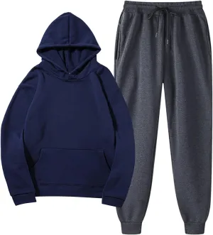 Men'S Tracksuit 2 Pieces Set And Winter Warm Solid Color Sportswear 2 Set Solid Color Hoodie Solid Sweatsuits For