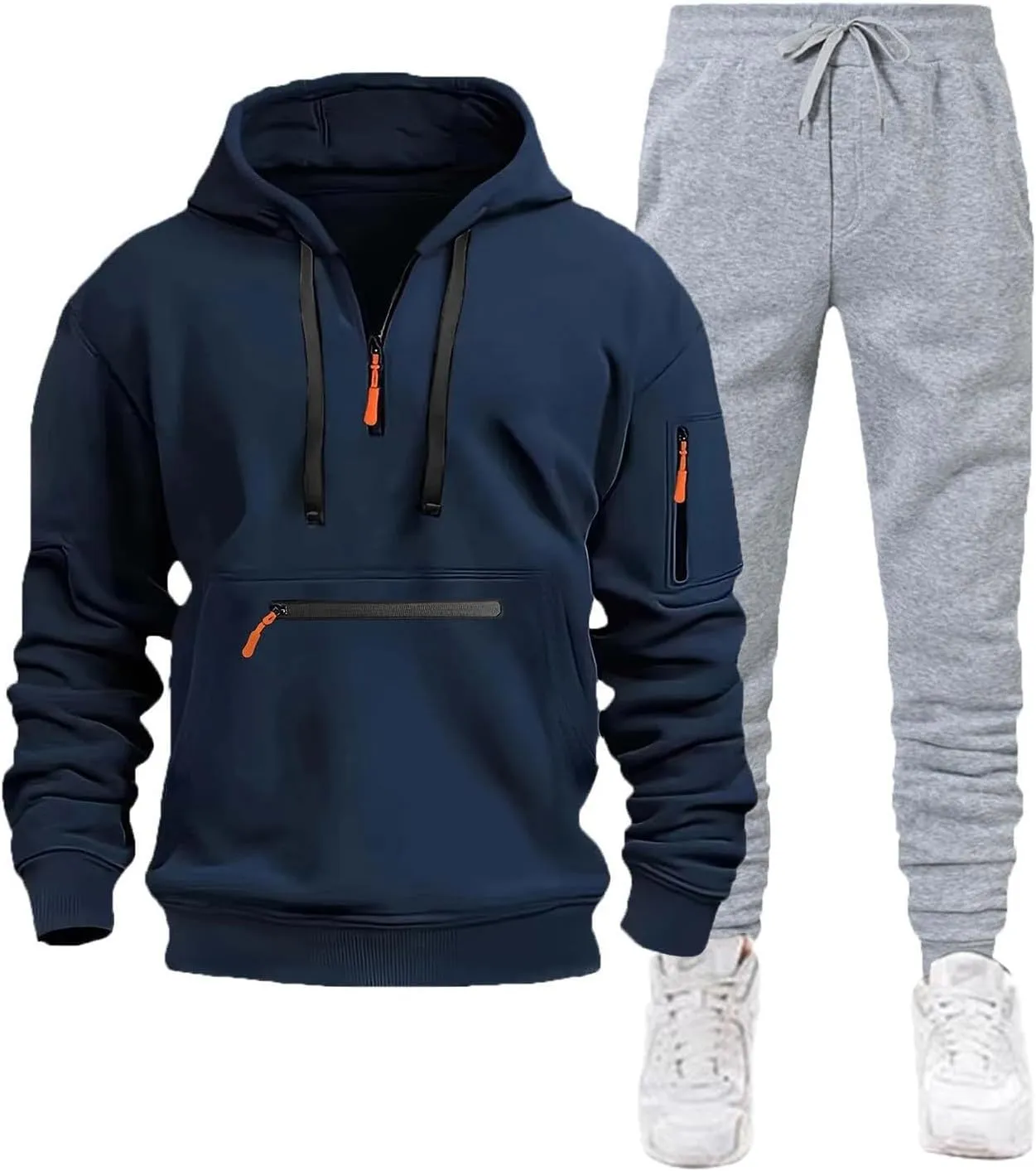 Men'S Tracksuit 2 Pieces Set And Winter Warm Solid Color Sportswear 2 Set Solid Color Hoodie Solid Sweatsuits For