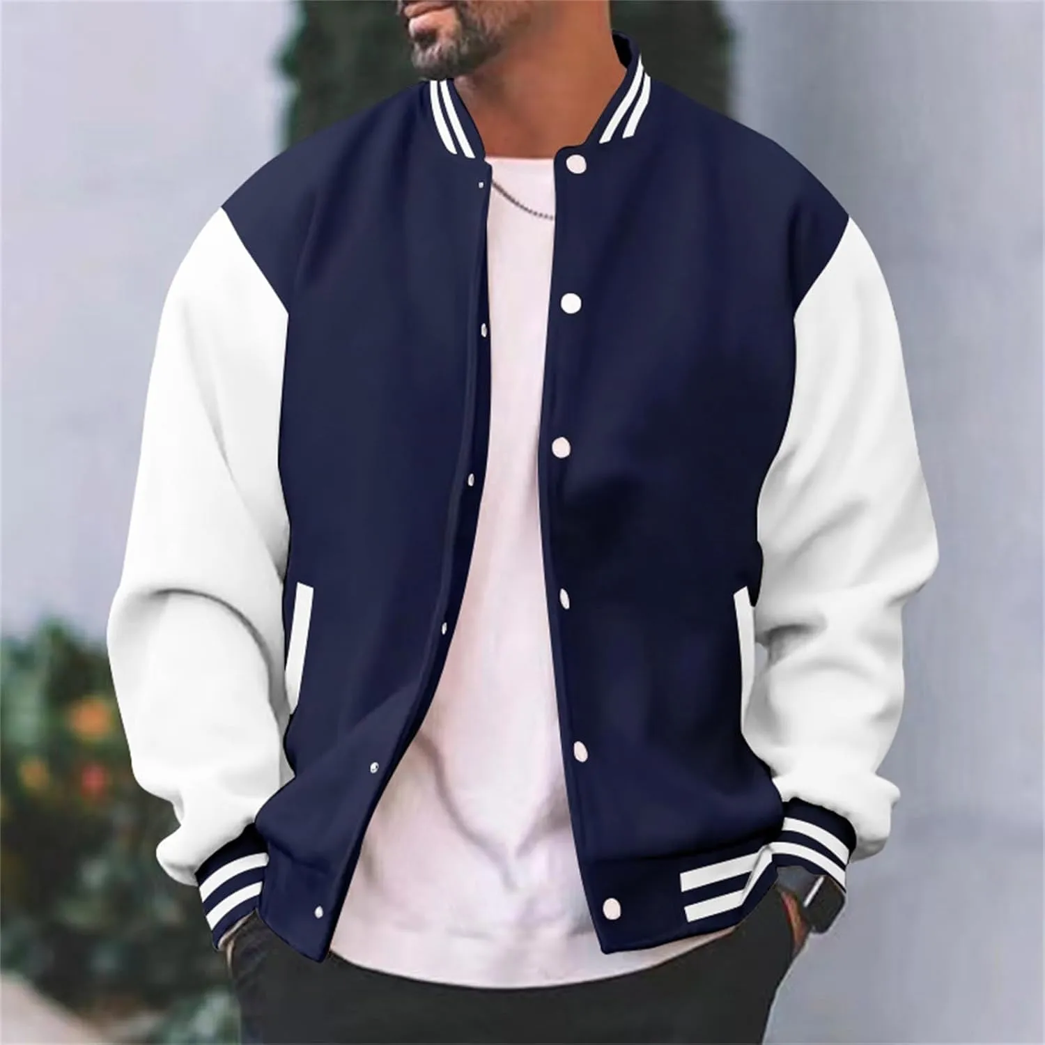 Mens Varsity Jacket Fashion Long Sleeve Button Colorblock Casual Coat Plus Size College Baseball Outwear with Pockets