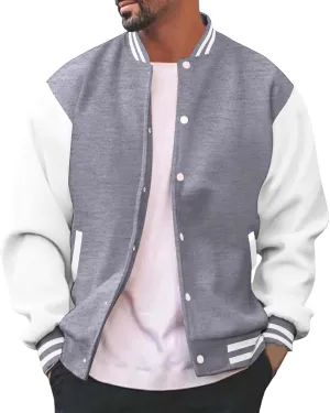 Mens Varsity Jacket Fashion Long Sleeve Button Colorblock Casual Coat Plus Size College Baseball Outwear with Pockets