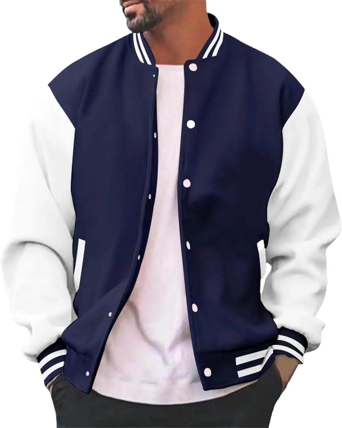 Mens Varsity Jacket Fashion Long Sleeve Button Colorblock Casual Coat Plus Size College Baseball Outwear with Pockets