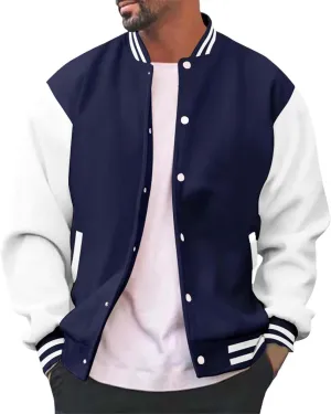 Mens Varsity Jacket Fashion Long Sleeve Button Colorblock Casual Coat Plus Size College Baseball Outwear with Pockets
