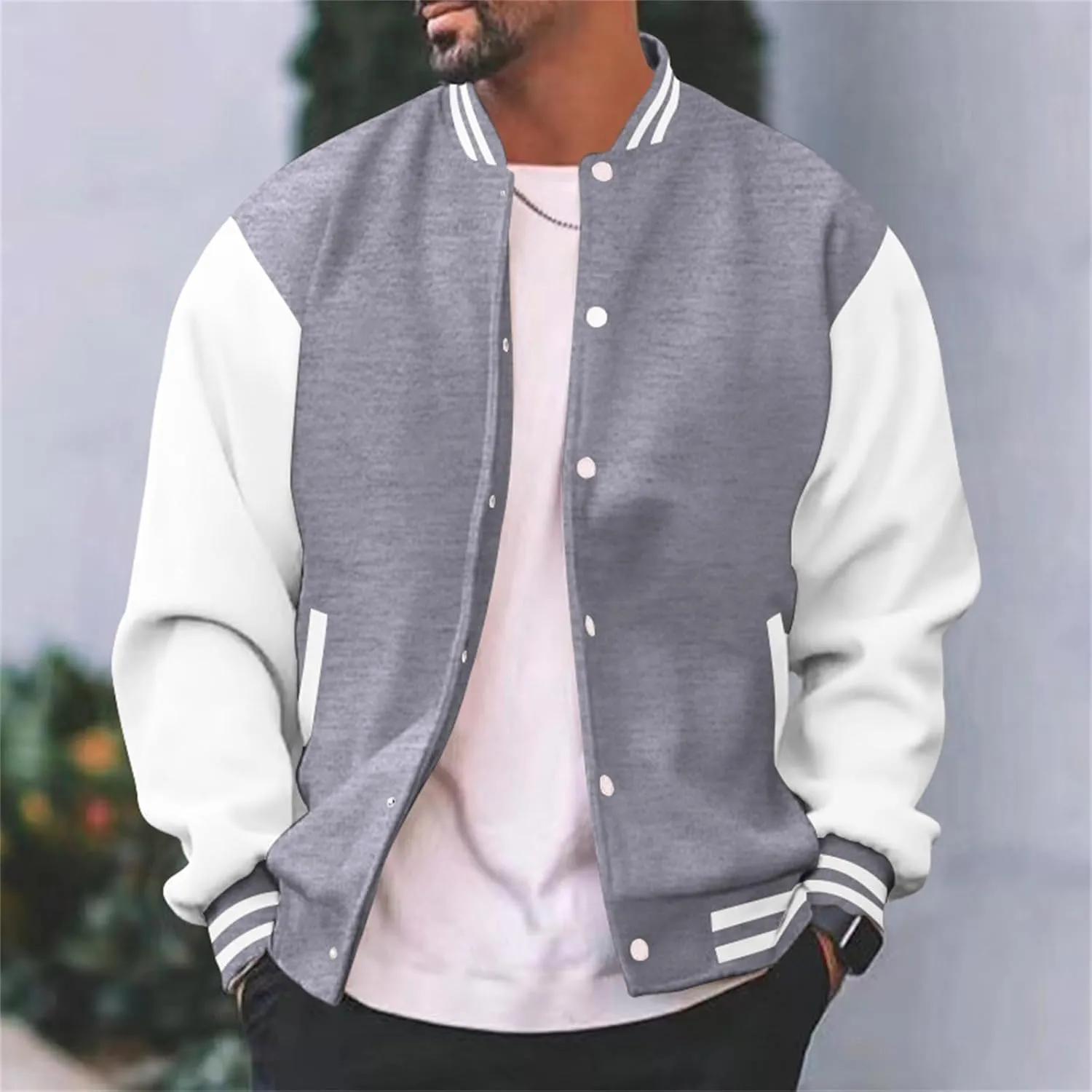Mens Varsity Jacket Fashion Long Sleeve Button Colorblock Casual Coat Plus Size College Baseball Outwear with Pockets