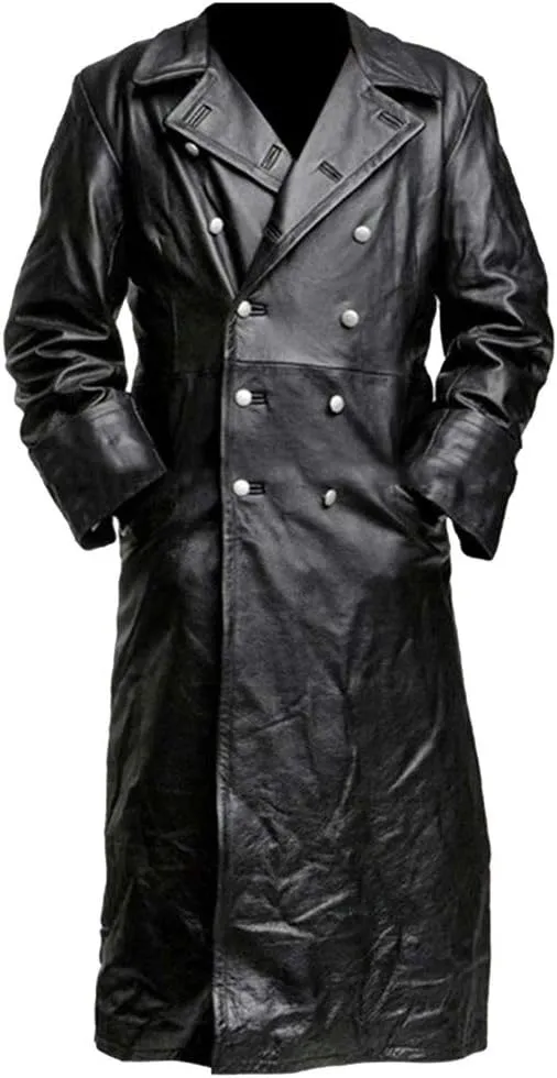 Men's Vintage Casual Officer WW2 Military Uniform Retro Leather Trench Coat Jacket Long Genuine Motorcycle Jakcet