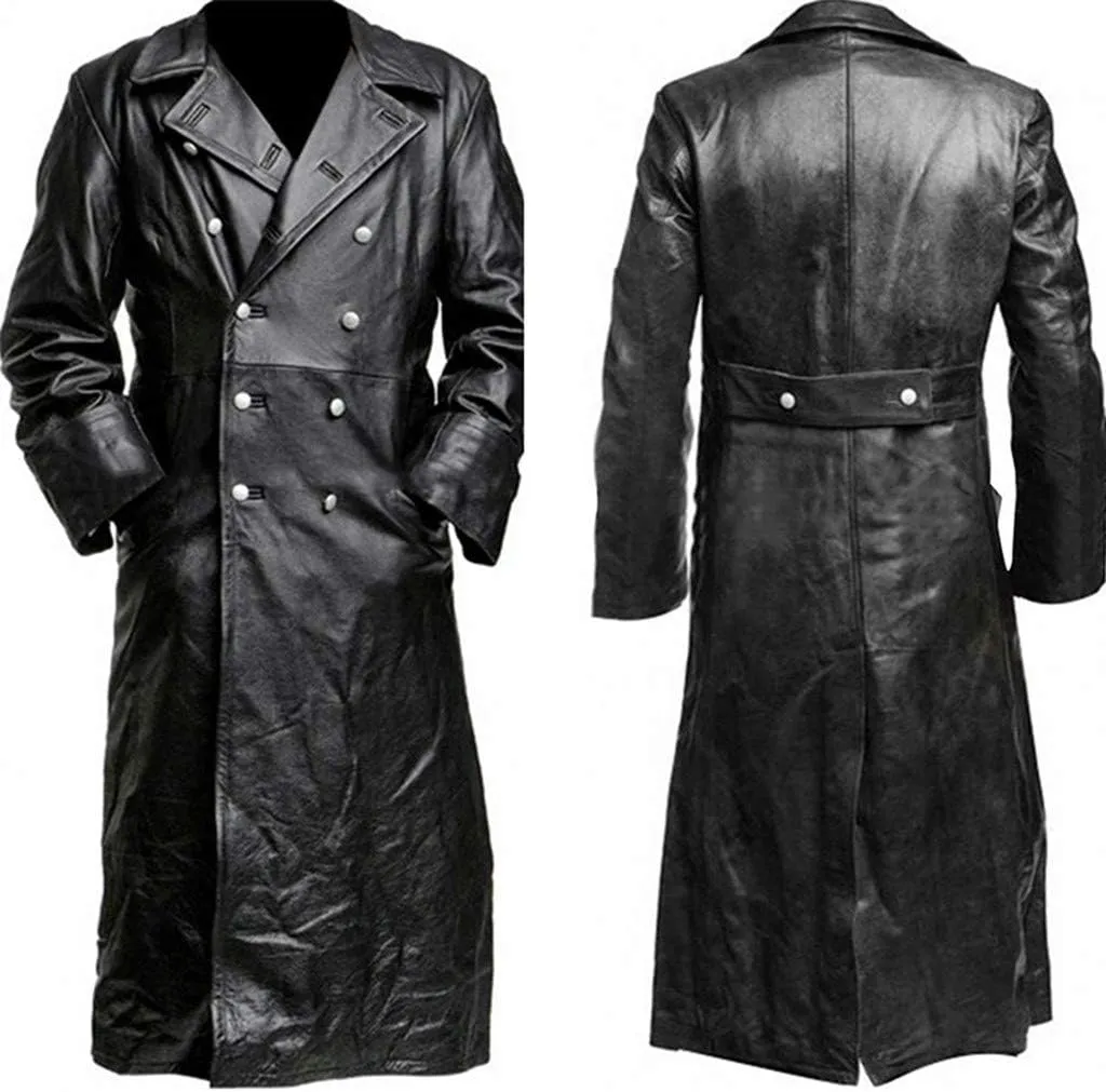 Men's Vintage Casual Officer WW2 Military Uniform Retro Leather Trench Coat Jacket Long Genuine Motorcycle Jakcet