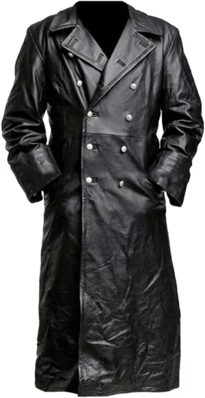 Men's Vintage Casual Officer WW2 Military Uniform Retro Leather Trench Coat Jacket Long Genuine Motorcycle Jakcet