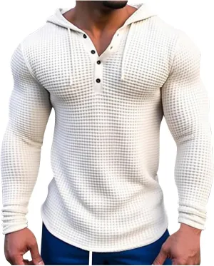 Men's Waffle Hooded T-Shirt Long Sleeve Button-Down Henley Shirt Solid Casual Fashion Pullover Hoodies All-Match Tops