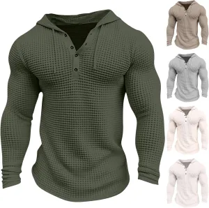 Men's Waffle Hooded T-Shirt Long Sleeve Button-Down Henley Shirt Solid Casual Fashion Pullover Hoodies All-Match Tops
