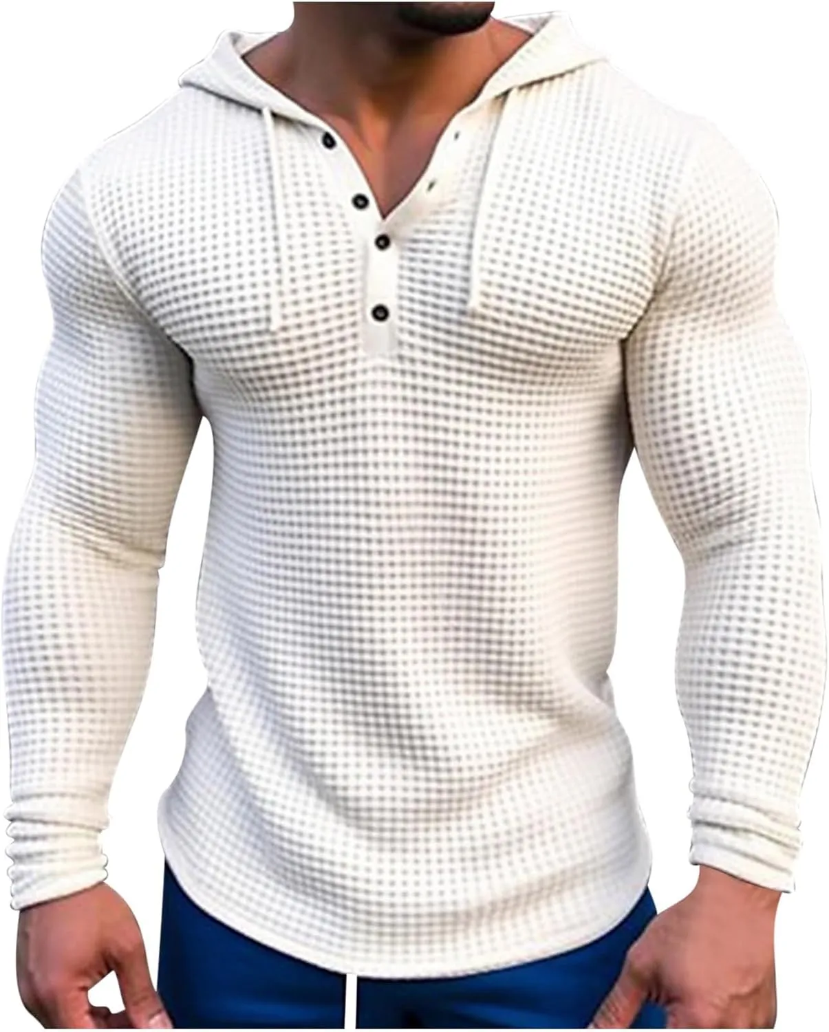 Men's Waffle Hooded T-Shirt Long Sleeve Button-Down Henley Shirt Solid Casual Fashion Pullover Hoodies All-Match Tops