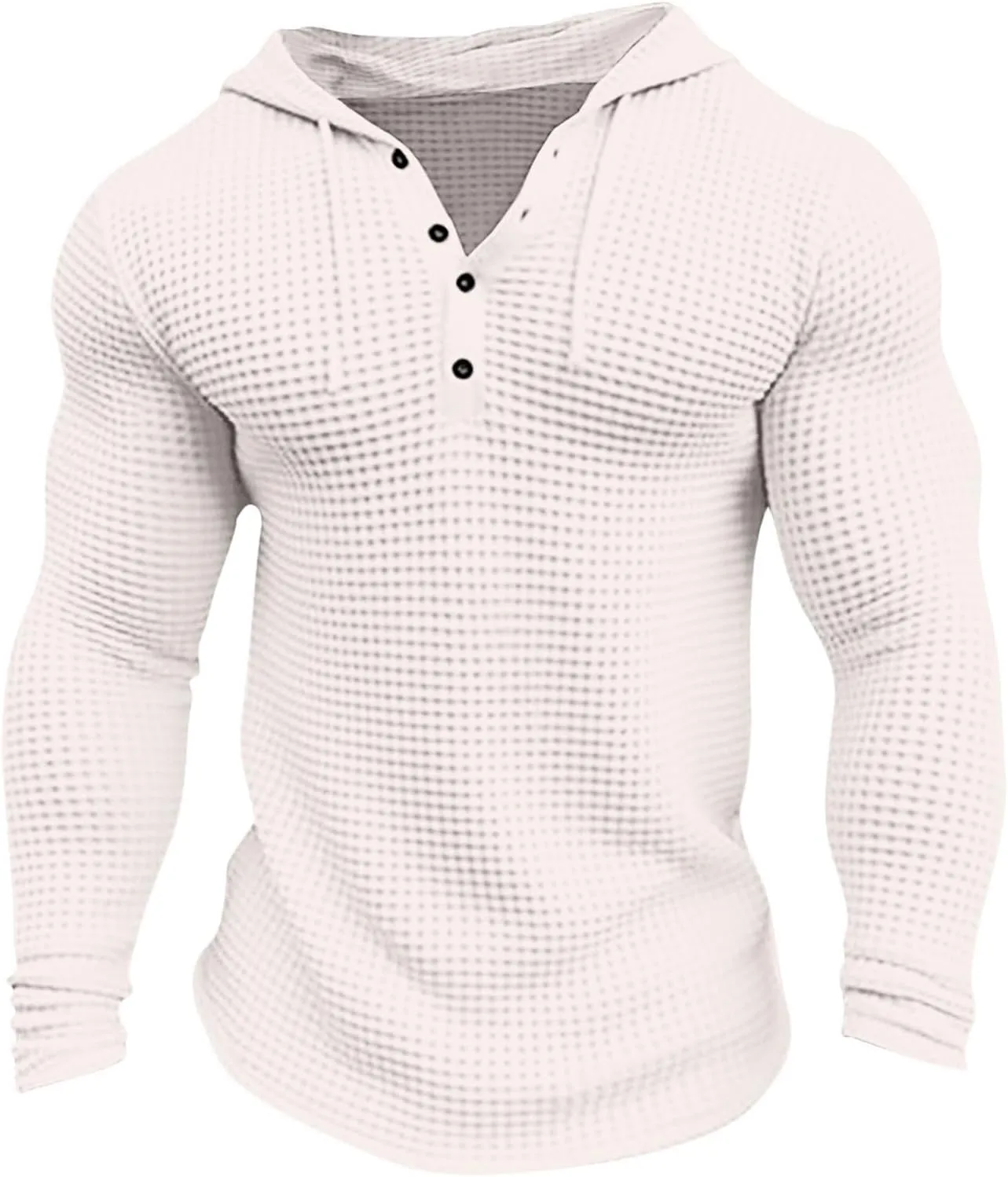 Men's Waffle Hooded T-Shirt Long Sleeve Button-Down Henley Shirt Solid Casual Fashion Pullover Hoodies All-Match Tops