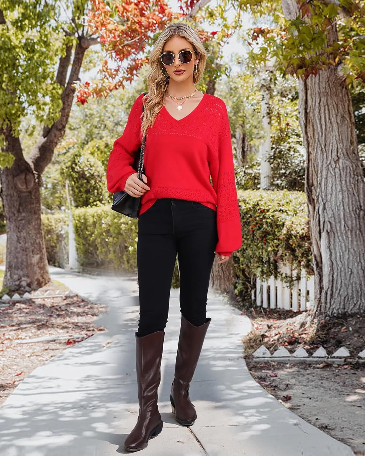 Messic Womens Pullover Sweaters 2024 Casual Long Sleeve V Neck Lightweight Loose Knit Tops