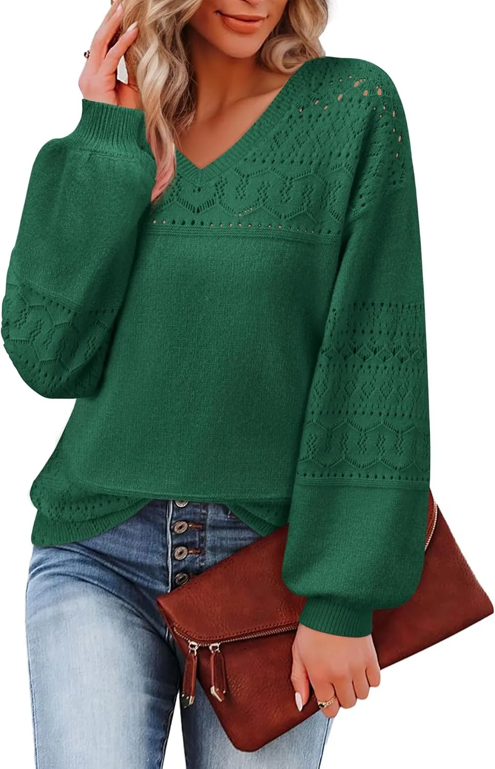 Messic Womens Pullover Sweaters 2024 Casual Long Sleeve V Neck Lightweight Loose Knit Tops