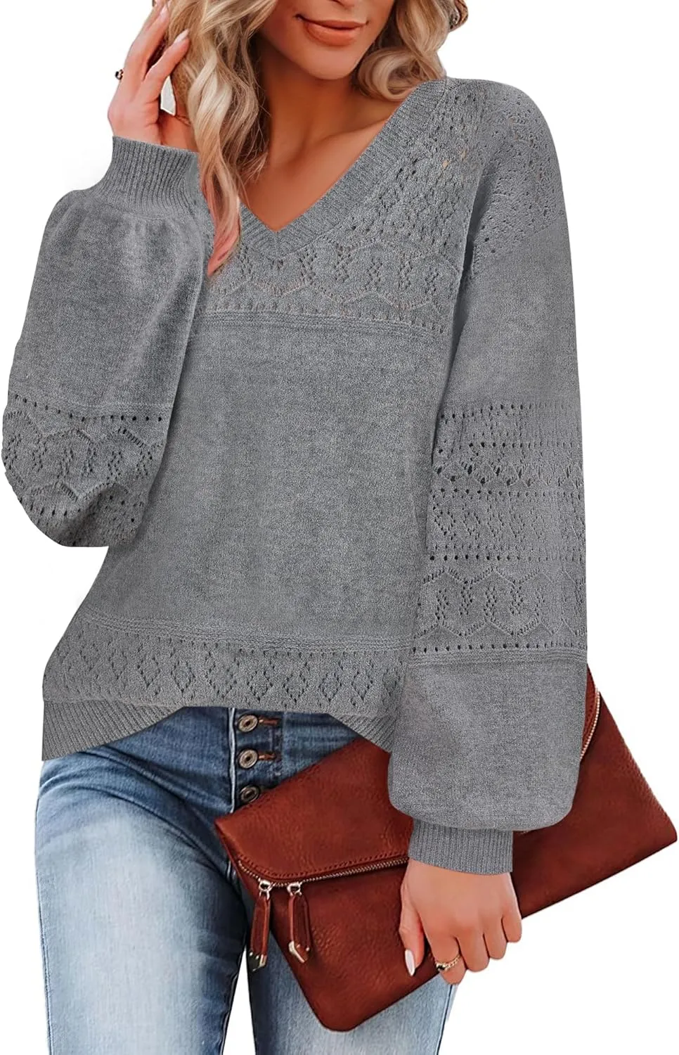 Messic Womens Pullover Sweaters 2024 Casual Long Sleeve V Neck Lightweight Loose Knit Tops