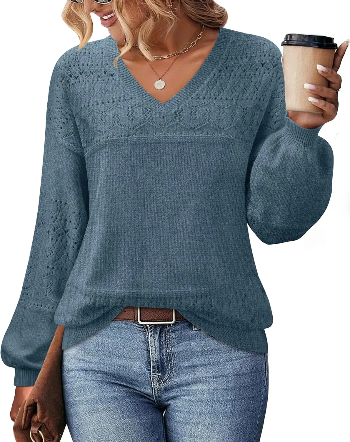 Messic Womens Pullover Sweaters 2024 Casual Long Sleeve V Neck Lightweight Loose Knit Tops