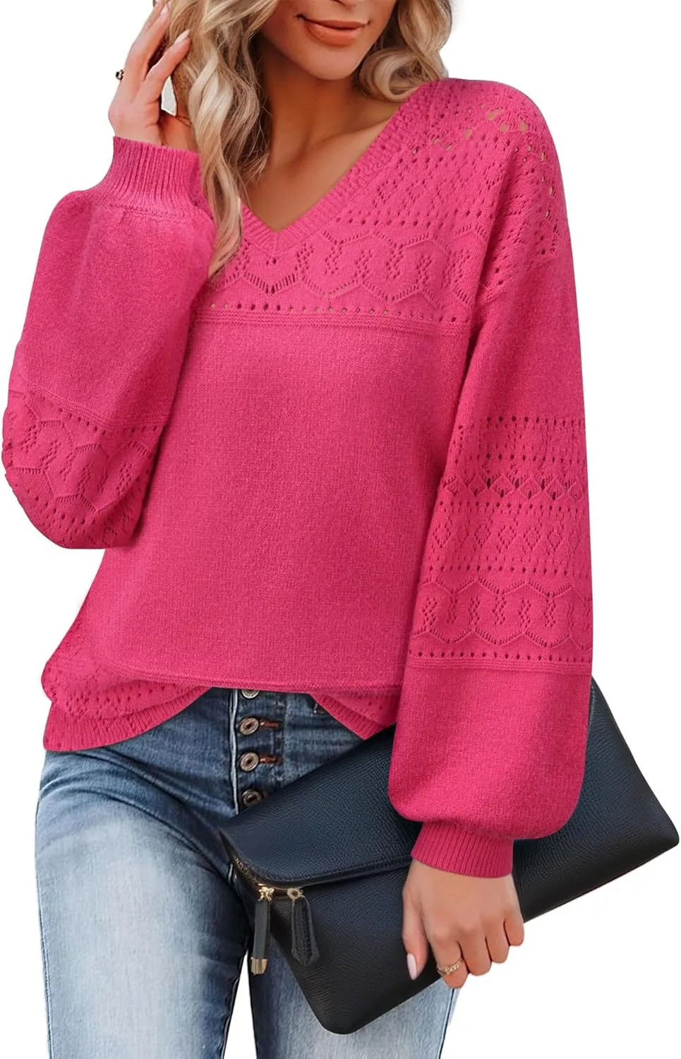 Messic Womens Pullover Sweaters 2024 Casual Long Sleeve V Neck Lightweight Loose Knit Tops