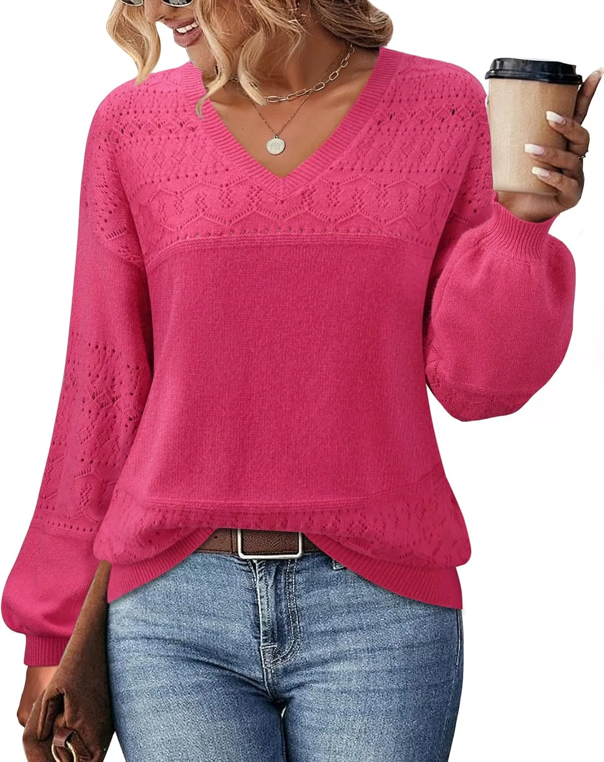 Messic Womens Pullover Sweaters 2024 Casual Long Sleeve V Neck Lightweight Loose Knit Tops