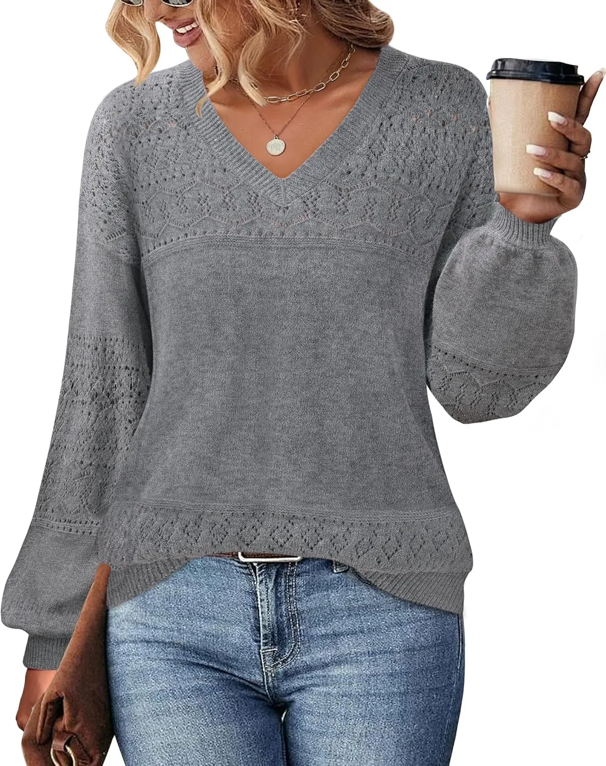 Messic Womens Pullover Sweaters 2024 Casual Long Sleeve V Neck Lightweight Loose Knit Tops