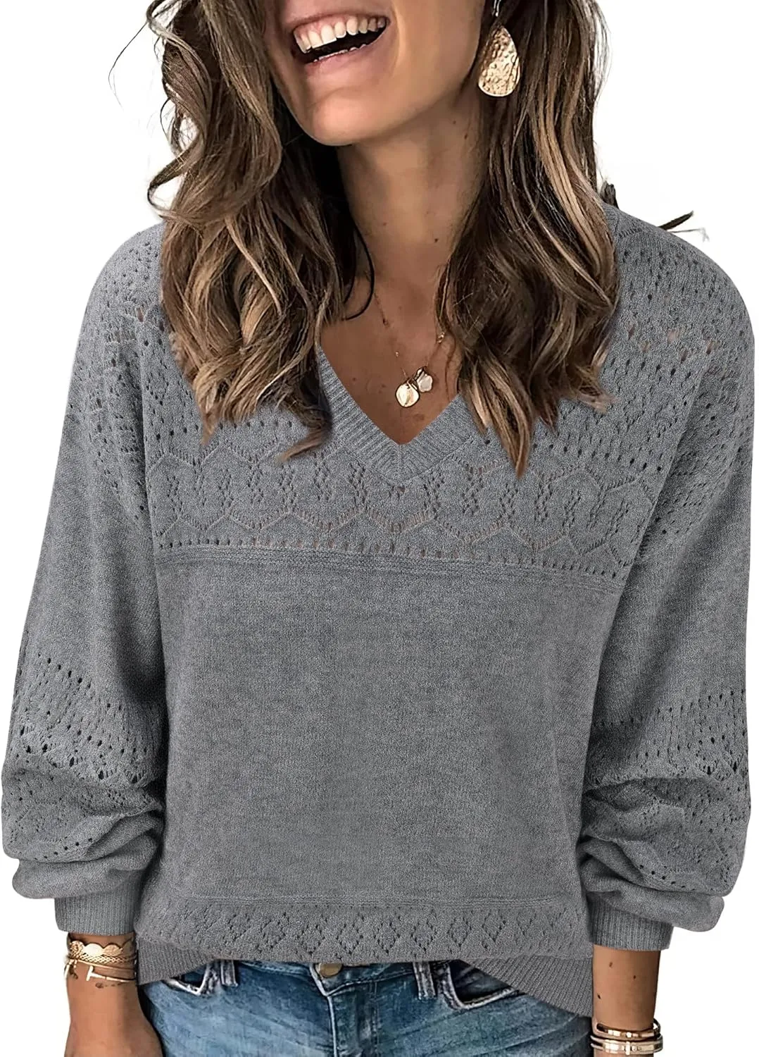 Messic Womens Pullover Sweaters 2024 Casual Long Sleeve V Neck Lightweight Loose Knit Tops