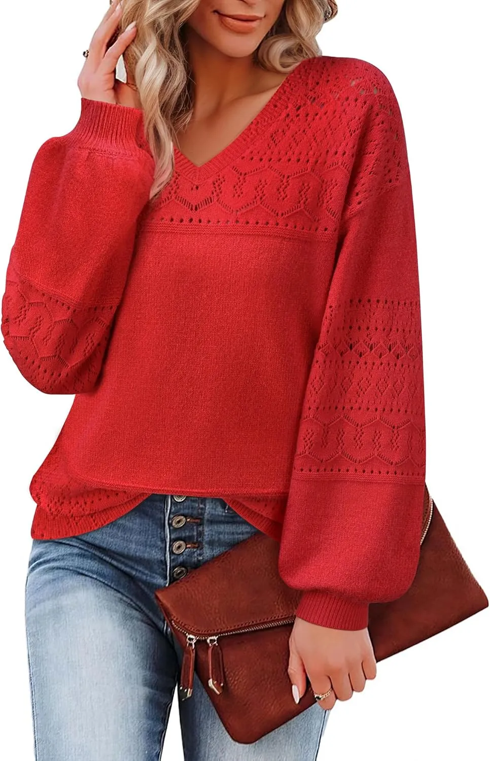 Messic Womens Pullover Sweaters 2024 Casual Long Sleeve V Neck Lightweight Loose Knit Tops