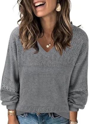 Messic Womens Pullover Sweaters 2024 Casual Long Sleeve V Neck Lightweight Loose Knit Tops