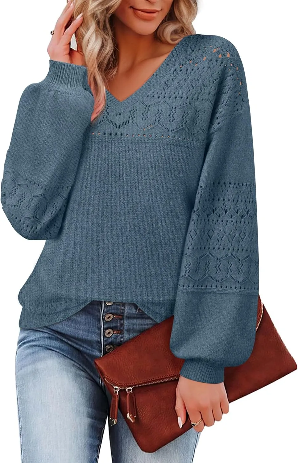 Messic Womens Pullover Sweaters 2024 Casual Long Sleeve V Neck Lightweight Loose Knit Tops