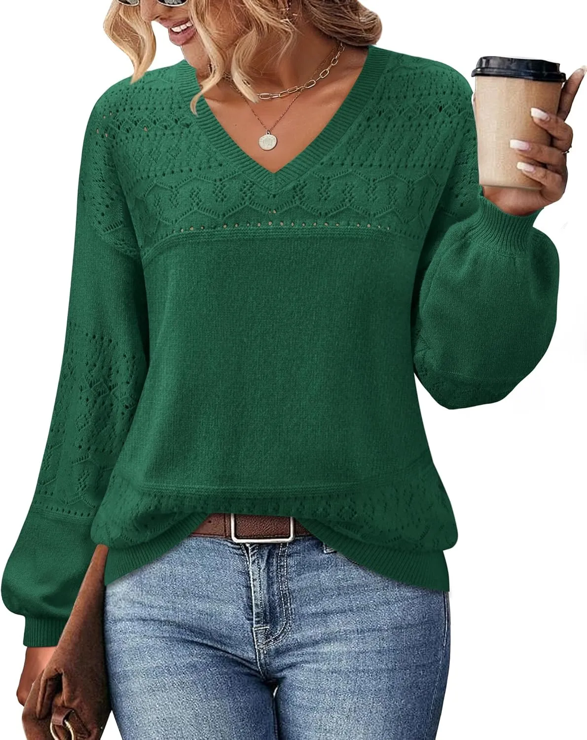 Messic Womens Pullover Sweaters 2024 Casual Long Sleeve V Neck Lightweight Loose Knit Tops