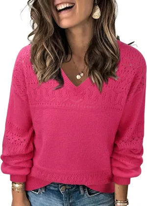 Messic Womens Pullover Sweaters 2024 Casual Long Sleeve V Neck Lightweight Loose Knit Tops