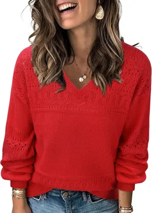 Messic Womens Pullover Sweaters 2024 Casual Long Sleeve V Neck Lightweight Loose Knit Tops