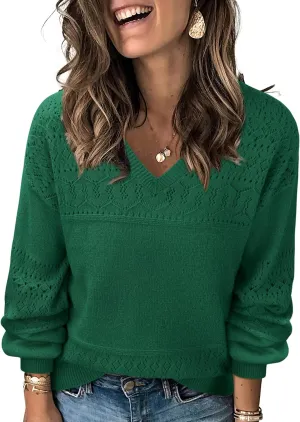 Messic Womens Pullover Sweaters 2024 Casual Long Sleeve V Neck Lightweight Loose Knit Tops