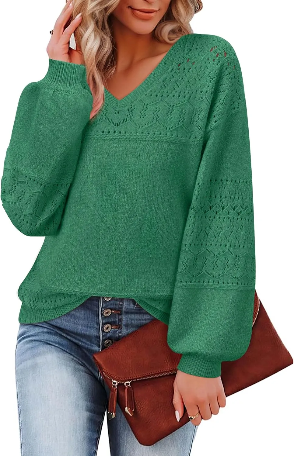 Messic Womens Pullover Sweaters 2024 Casual Long Sleeve V Neck Lightweight Loose Knit Tops