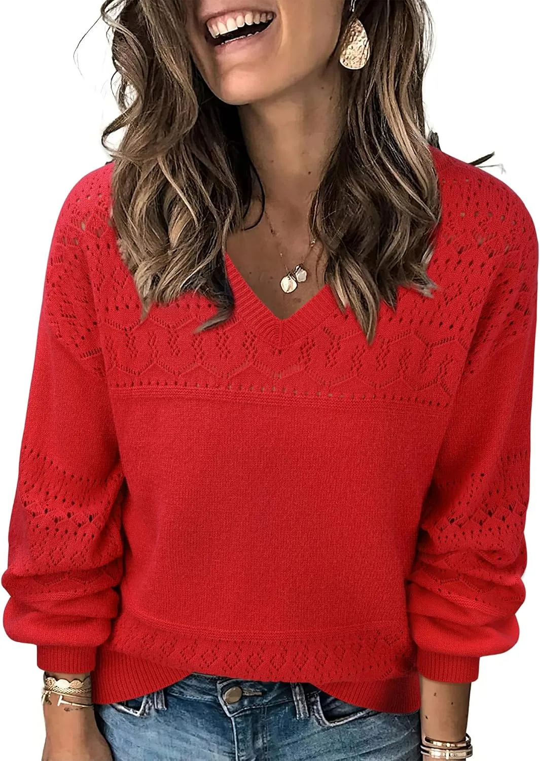 Messic Womens Pullover Sweaters 2024 Casual Long Sleeve V Neck Lightweight Loose Knit Tops