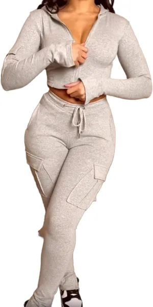 Molisry Women's 2 Piece Outfits Sweat Sets Hoodie Full Zip Up Long Sleeve Cropped Top Drawstring Cargo Pants Workout