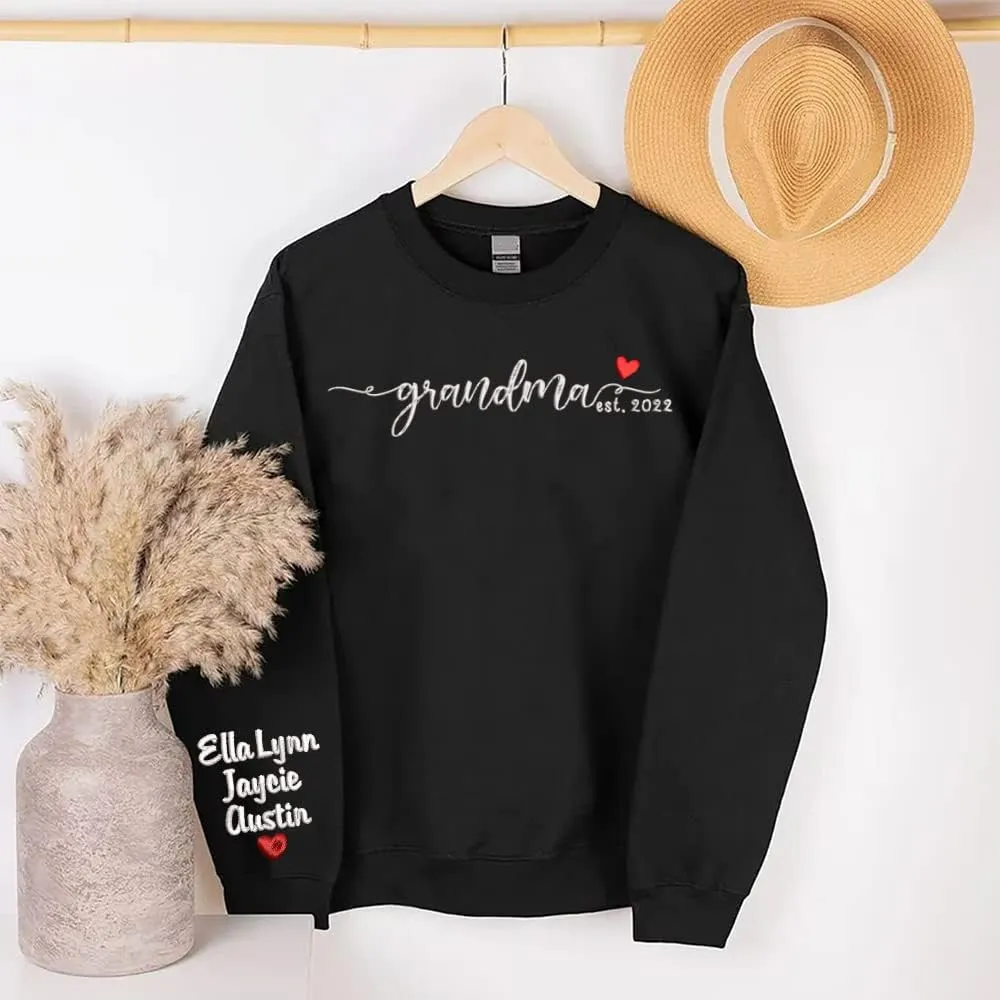 NAZENTI Custom Embroidered Grandma Sweatshirt with Kids Name on Sleeve, Mother's Day Shirt Gifts, Embroidered Mama Sweatshirt