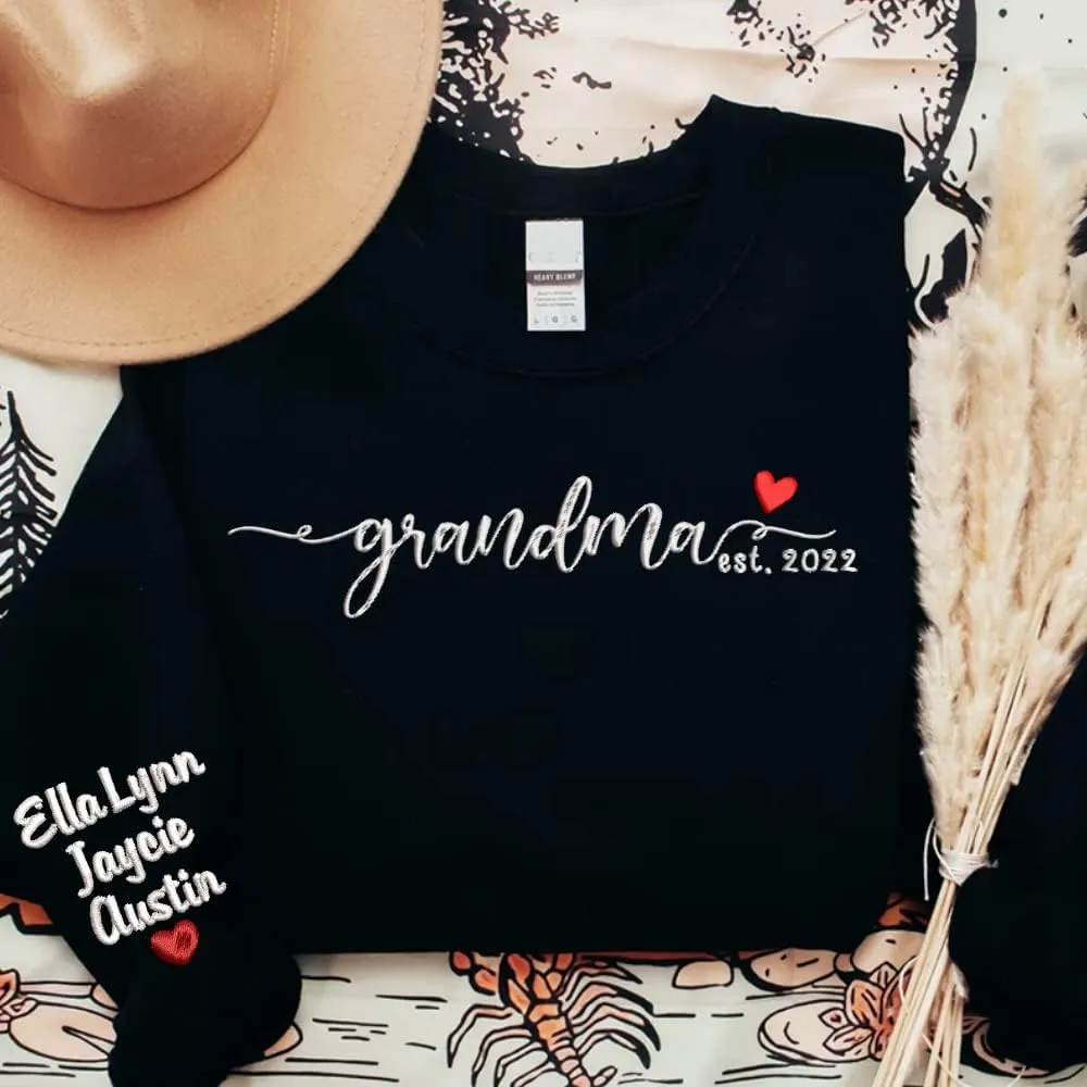 NAZENTI Custom Embroidered Grandma Sweatshirt with Kids Name on Sleeve, Mother's Day Shirt Gifts, Embroidered Mama Sweatshirt