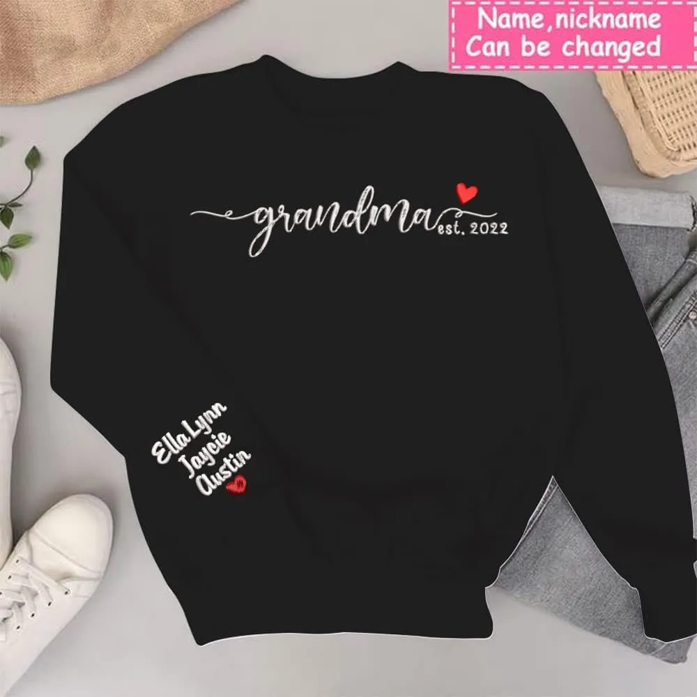 NAZENTI Custom Embroidered Grandma Sweatshirt with Kids Name on Sleeve, Mother's Day Shirt Gifts, Embroidered Mama Sweatshirt