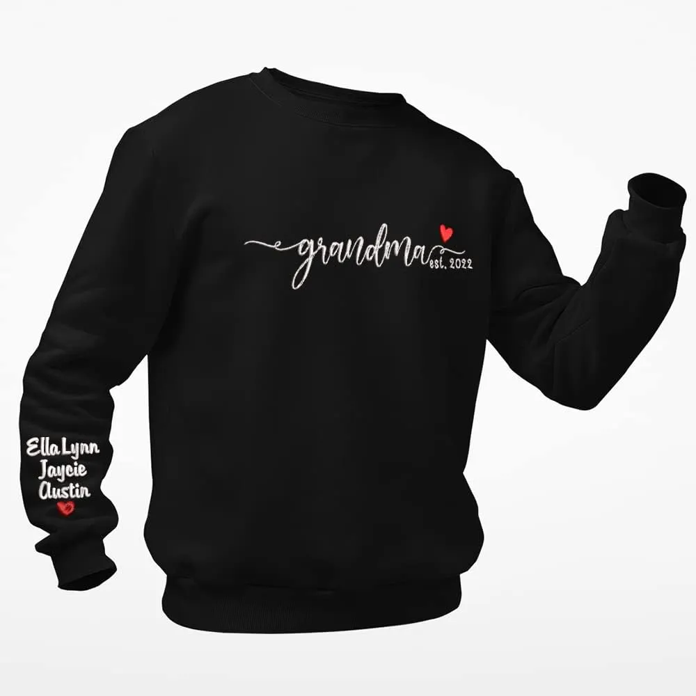 NAZENTI Custom Embroidered Grandma Sweatshirt with Kids Name on Sleeve, Mother's Day Shirt Gifts, Embroidered Mama Sweatshirt