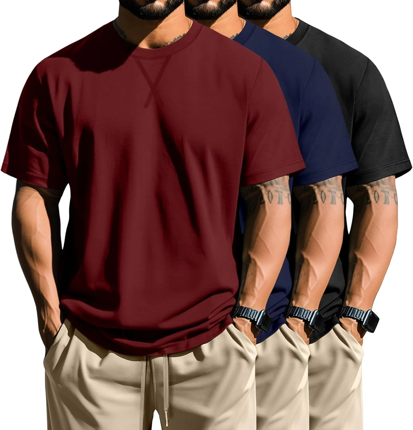 Neer 3 Pack Men's Big and Tall T-Shirts Cotton Short Sleeve Crewneck Plus Size Tee Shirts Hipster Longline Oversized Tops(Wine Red, Navy Blue, Black,5X-Large)
